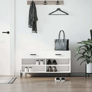 vidaXL Ławka na buty biały wysoki połysk 102x35x55 cm materiał drewnopochodny - Ławka na buty - Ławki na buty - Ławka z miejscem do przechowywania - Stojak na buty - Szafki na buty - miniaturka - grafika 1