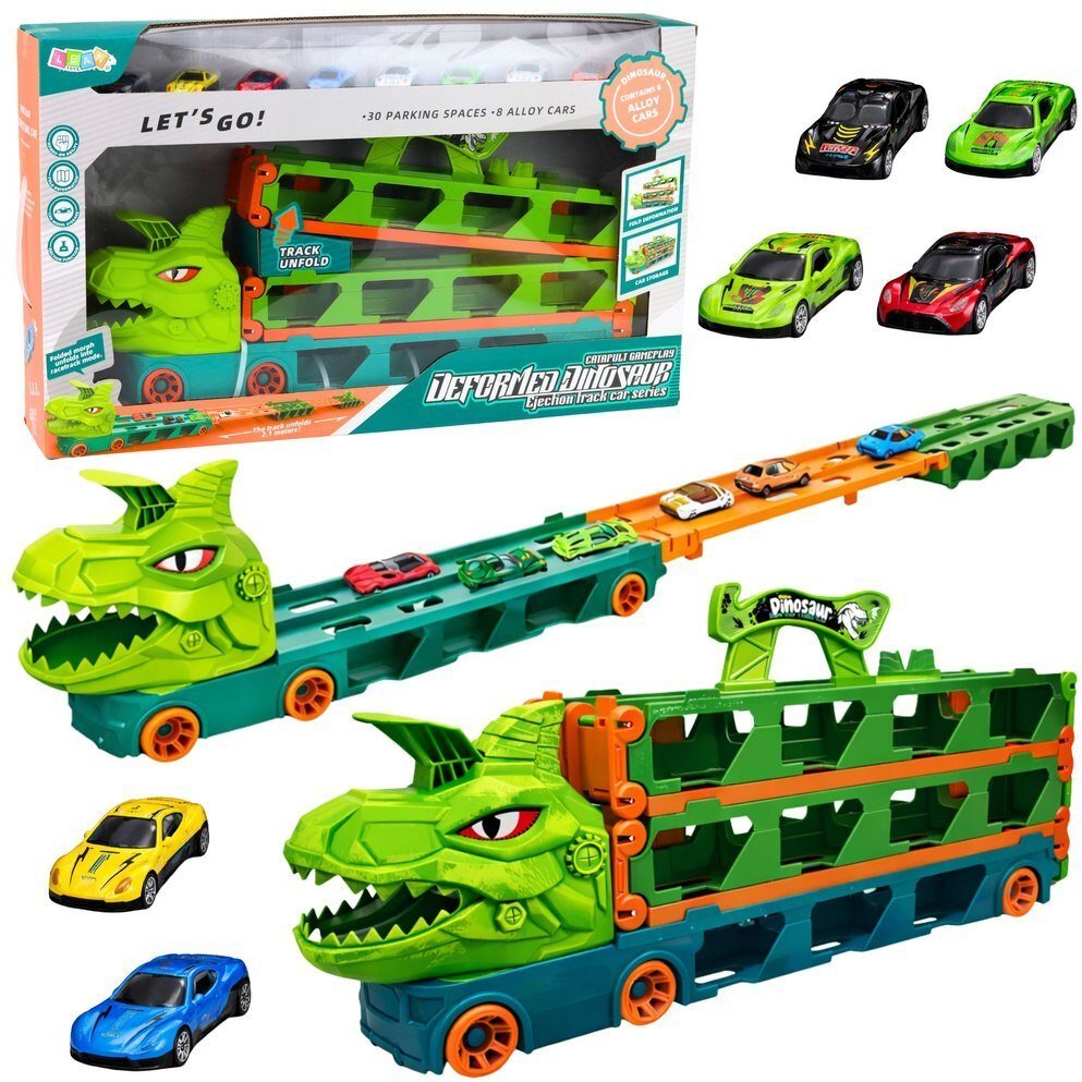 LeanToys Ciężarówka Dinozaur z Resorakami Tor Dla Autek Transporter Wyrzutnia 4w1 EDUKAMP