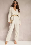Kombinezony - Jasnobeżowy Kombinezon z Paskiem z Plecionki Kopertową Górą i Zwężającymi się Nogawkami Avnja - miniaturka - grafika 1