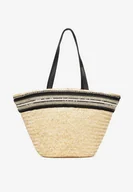 Torebki damskie - Beżowa Pleciona Torebka Shopper Ozdobiona Tasiemką Perłami i Cekinami Klubia - miniaturka - grafika 1