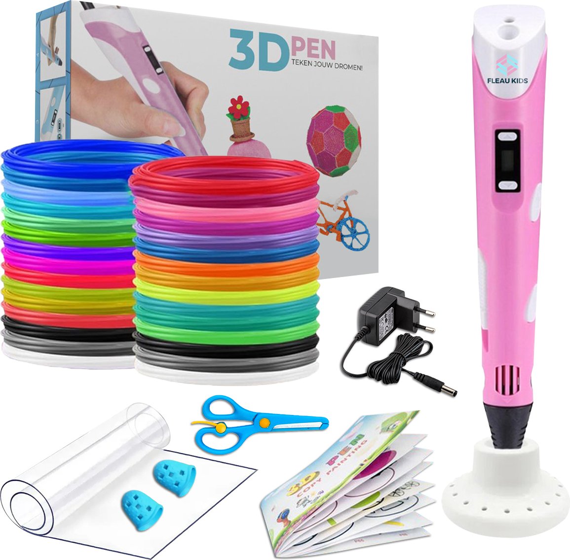 Fleau Kids 3D Pen Długopis Startowy Różowy XXL - 150m Filamentu - 30 Kolorów - USB-C 2024 + Akcesoria - DIY i Rysowanie - Zestaw 3D Pen