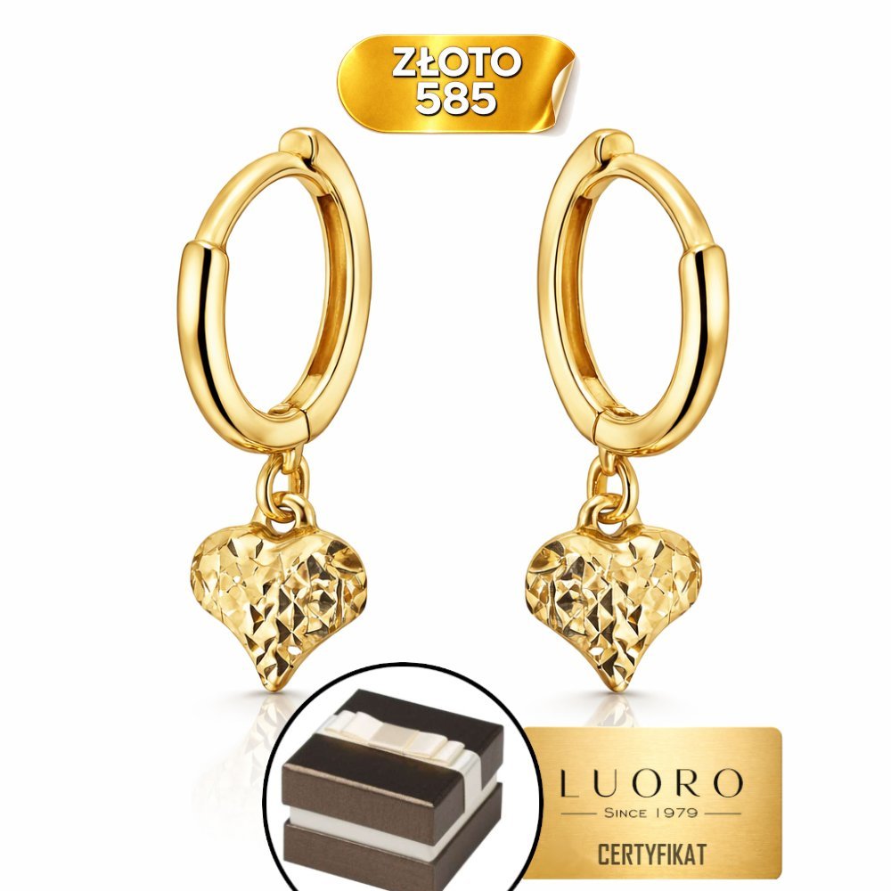 KOLCZYKI ZŁOTE 585 14K KÓŁECZKA Z DIAMENTOWANYM SERCEM KREOL 21 MM