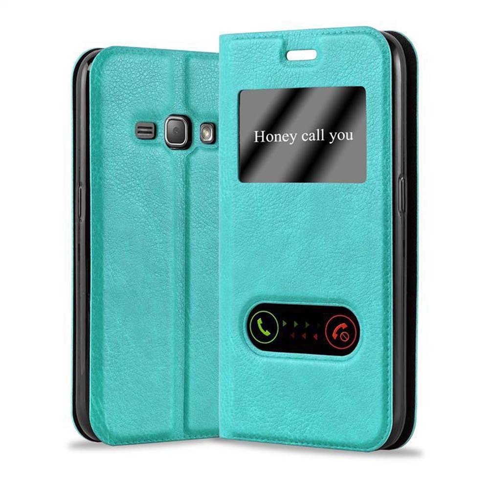 Etui Cadorabo do Samsung Galaxy J1 2016 w kolorze MINT TURQUOISE Etui na telefon komórkowy z magnetycznym zamknięciem, funkcją podstawki i 2 okienkami do podglądu Etui Etui ochronne Etui z klapką w stylu książki