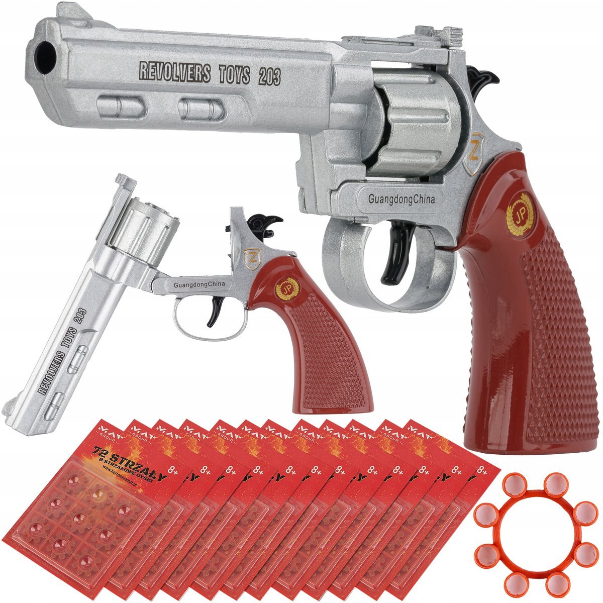 Realistyczny rewolwer na spłonkę + 12 opakowań kapiszonów (864 strzały) 8-strzałowy bębenek otwieranie „na łamanie” – przycisk na lufie zabawa..