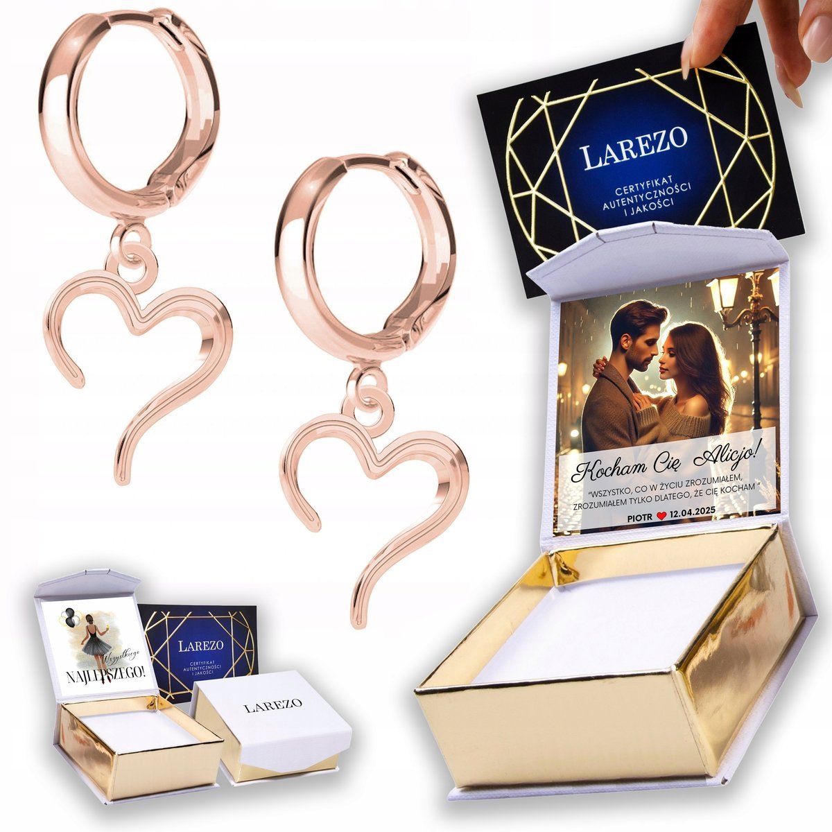 Kolczyki Pozłacane 925 Ozdobne Serca Serduszka Bigle z Serduszkiem NADRUK