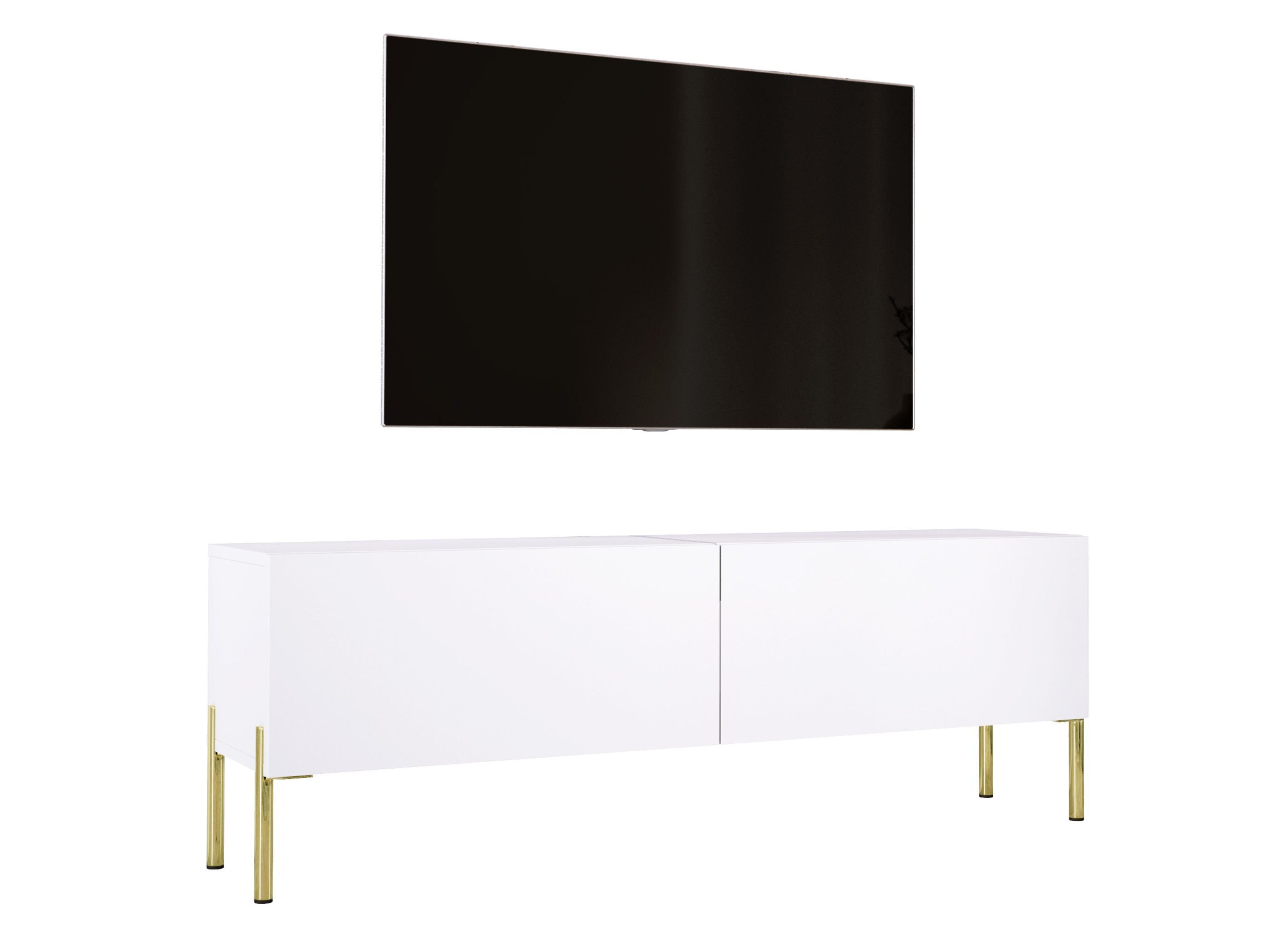 Szafka pod telewizor w kolorze białym matowym z nogami w kolorze złotym, A: szer: 140 cm cm, wys: 52 cm, gł: 32 cm. Meble pod telewizor, stolik pod telewizor, ława pod telewizor