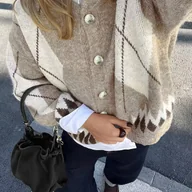 Swetry damskie - TEMU Damski kardigan w kolorowe b z geometrycznym wzorem Casualowy, zapinany na guziki, z długim rękawem, na wiosnę, modny styl uliczny - miniaturka - grafika 1