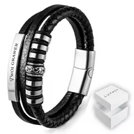 Bransolety męskie - Bransoletka Męska Czarna Skóra Srebrna Z Grawerem - miniaturka - grafika 1