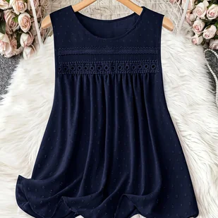 TEMU Plus Size Elegancka Bluzka Bez Rękawów z Koronką – Granatowy , Oddychająca Okrągła Dekoltura, Wielosezonowa Koszulka do Prania w Praniu - Inne - miniaturka - grafika 1
