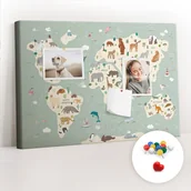 Tablice i flipcharty - Szkolna Tablica korkowa 60x40 cm, Kolorowe Pinezki, wzór Zwierzęca mapa świata - miniaturka - grafika 1