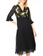Sukienki - Yumi Damska czarna kwiatowa haftowana sukienka z plisowaną spódnicą i karbowanym rękawem codzienna noc - miniaturka - grafika 1
