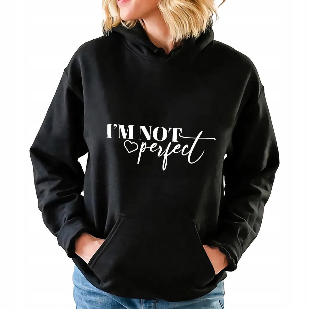 Czarna Bluza z Kapturem IM NOT PERFECT Kobiece Damskie Piękne Wzory Rozm XL