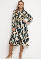 Sukienki - Zielono-Beżowa Koszulowa Sukienka Rozkloszowana w Abstrakcyjny Wzór z Plecionym Paskiem Miririda - miniaturka - grafika 1