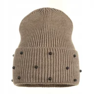 Czapki damskie - Czapka Damska Kobieca Beanie Perełki Wywijana Ciepła Jesienna Ciemny Beż - miniaturka - grafika 1