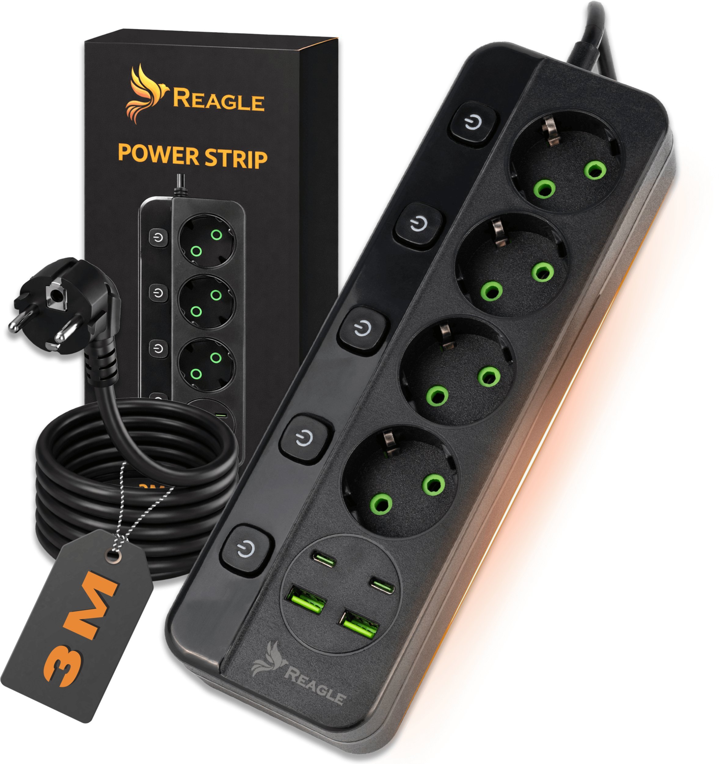 Listwa zasilająca Reagle PRZEDŁUŻACZ LISTWA ZASILAJĄCA 3M 4 GNIAZDA 2x USB 2x USB-C REAGLE