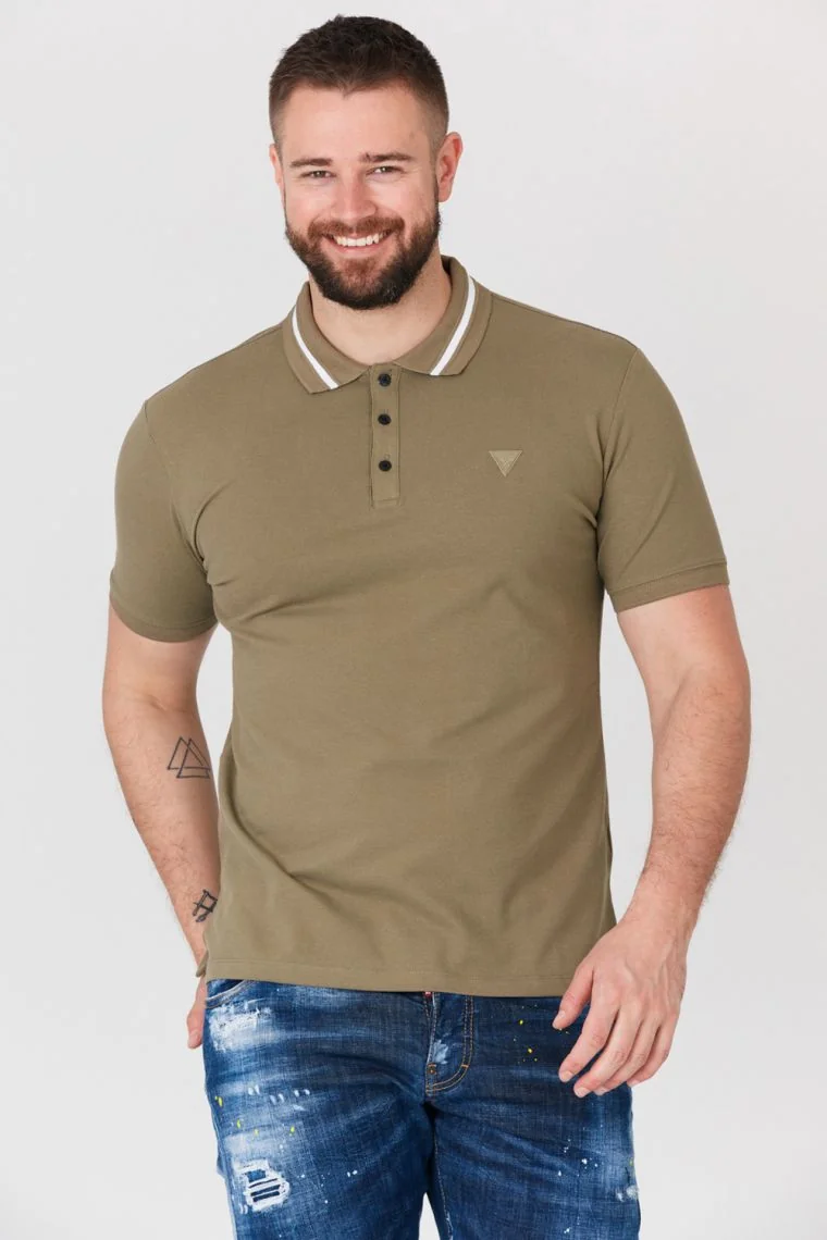 GUESS Khaki męska koszulka polo z paskiem na kołnierzyku S