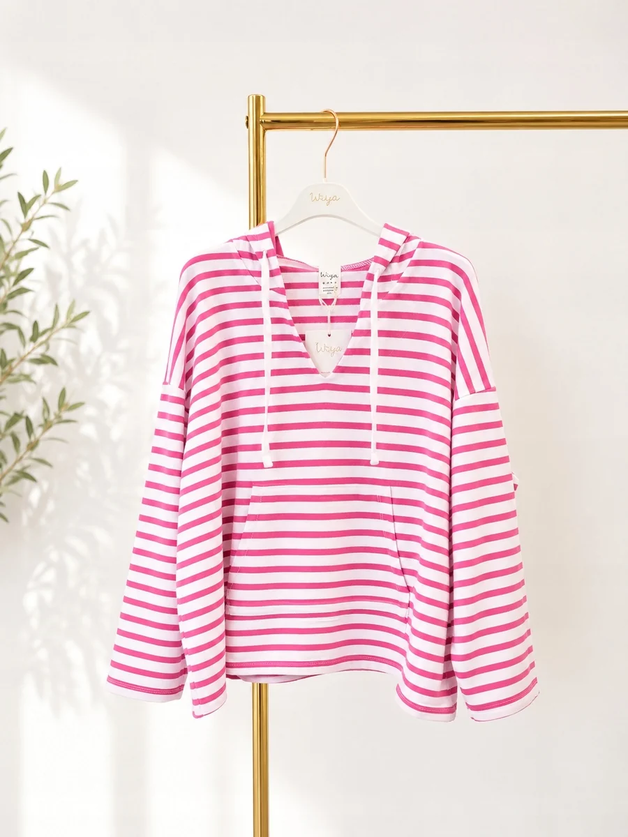 Fuksja Bluza damska WIYA w paski z kapturem – oversize