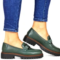 Mokasyny damskie - DAMSKIE MOKASYNY SKÓRZANE NA GRUBEJ PODESZWIE PÓŁBUTY Z OZDOBĄ SERGIO LEONE 25166-S ZIELONE - miniaturka - grafika 1