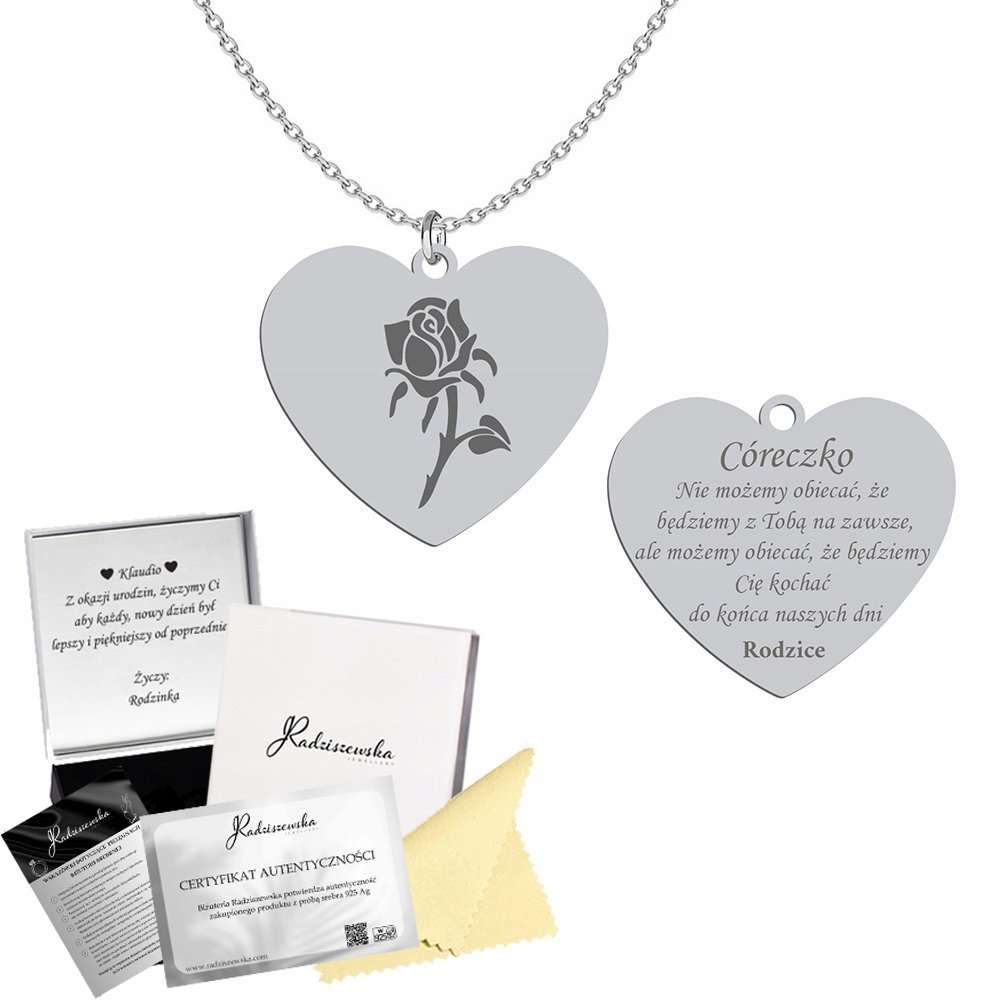 Naszyjnik Srebrny Serce Róża Cytat Prezent dla Córki 925 GRAWER GRATIS