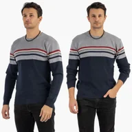 Swetry męskie - Sweter Męski Klasyczny Elegancki Wygodny Okrągły Dekolt Szary W Paski MUST M Szary - miniaturka - grafika 1