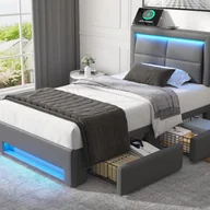 Meble do sypialni - Łóżko z szufladami 90x200 cm ze sztucznej skóry - z diodami LED i portami ładowania (przewodowymi i bezprzewodowymi) - Szare - miniaturka - grafika 1