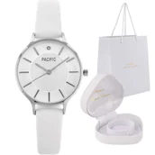 Zegarki damskie - Klasyczny srebrny zegarek na białym pasku PACIFIC pudełko Serce X6133-03 - miniaturka - grafika 1