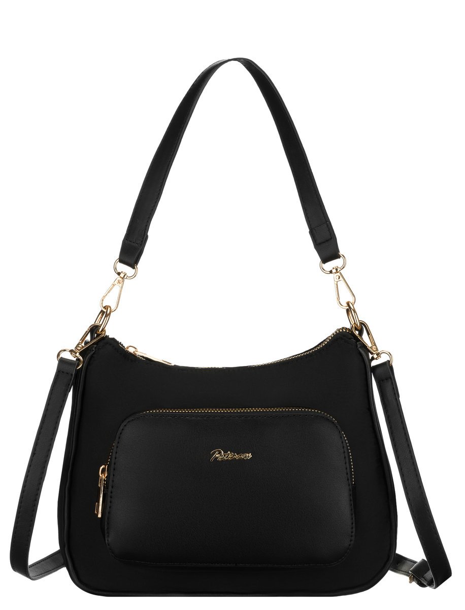 Czarna torebka damska PETERSON miejska mała listonoszka do ręki lub na ramię kieszonki na suwak odpinany pasek złote okucia