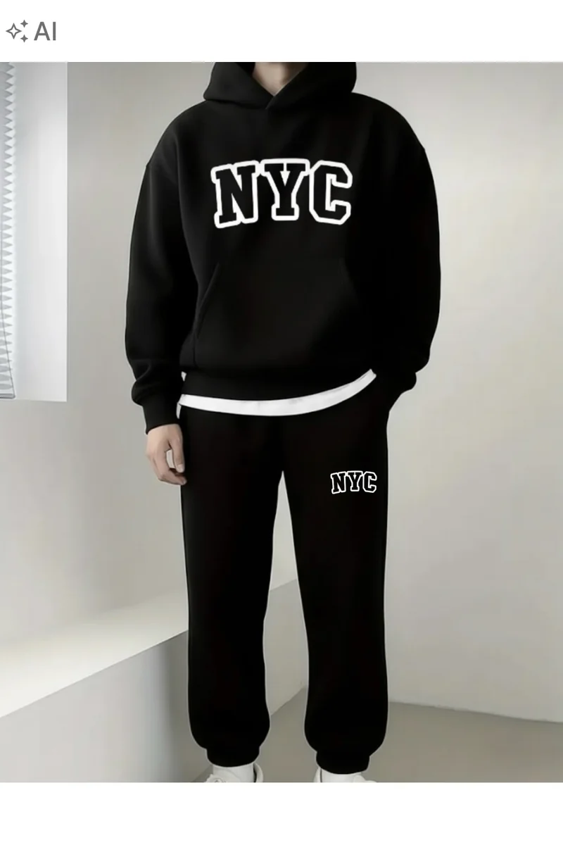 FUFLUNS CZARNY DRES MĘSKI KOMPLET Z NAPISEM NYC BAWEŁNA 3XL 5IA