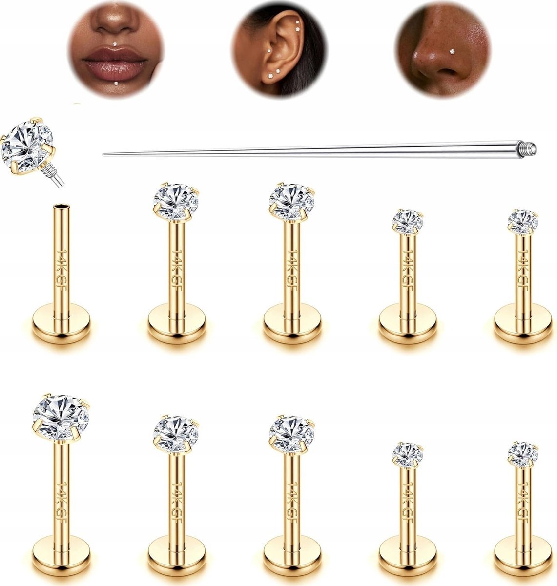 KOLCZYKI 10 SZTUK TYTANOWE ZESTAW PIERCING KULA CYRKONIA BIŻUTERIA MODA