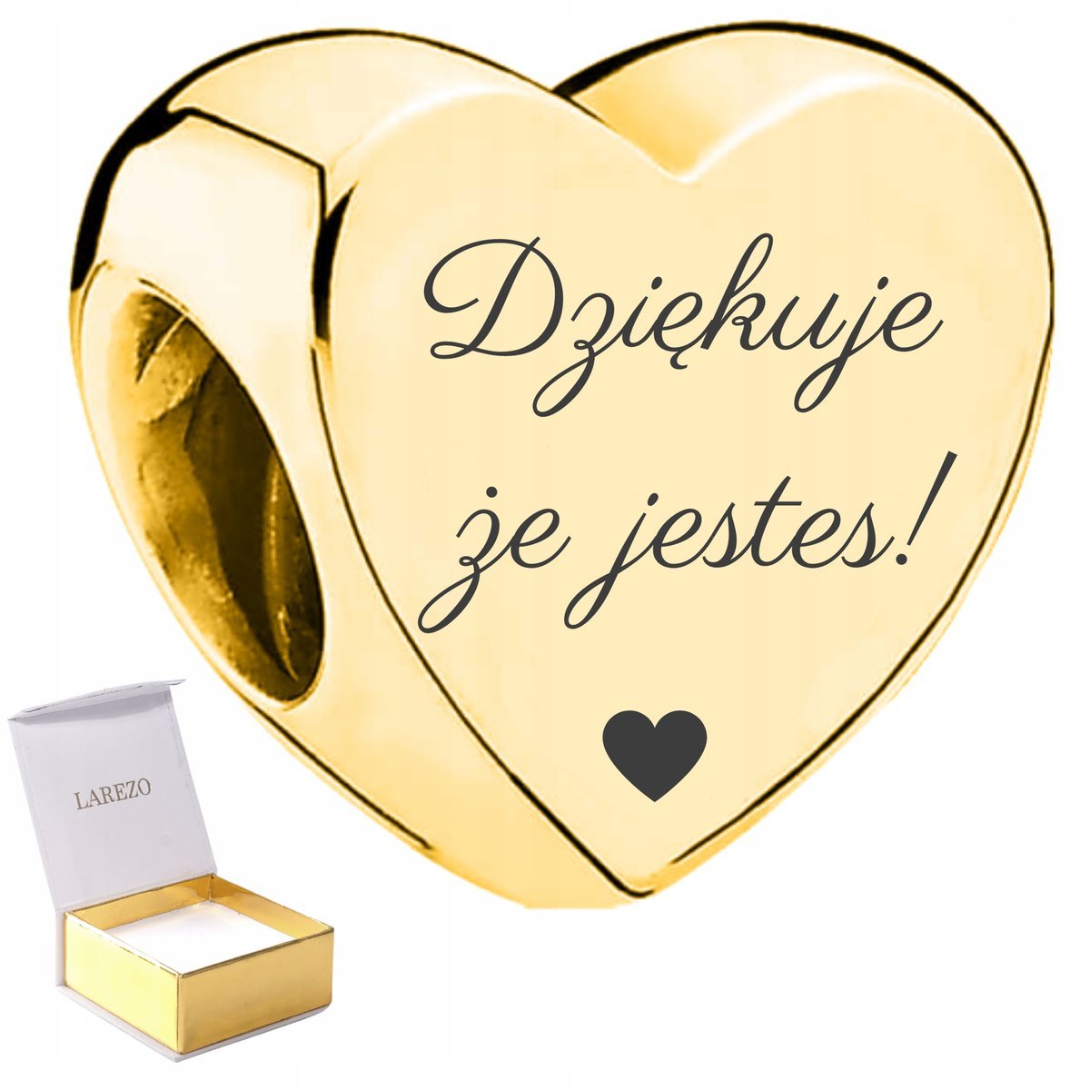 Charms Złoty Serce z Grawerem DZIĘKUJE ŻE JESTEŚ SREBRO 925 + GRAWER