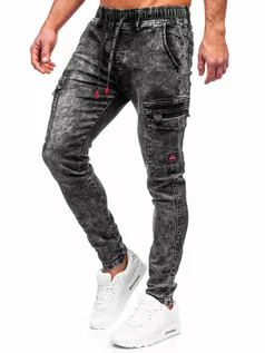 Spodnie męskie - Czarne spodnie jeansowe bojówki męskie Denley TF257 - grafika 1