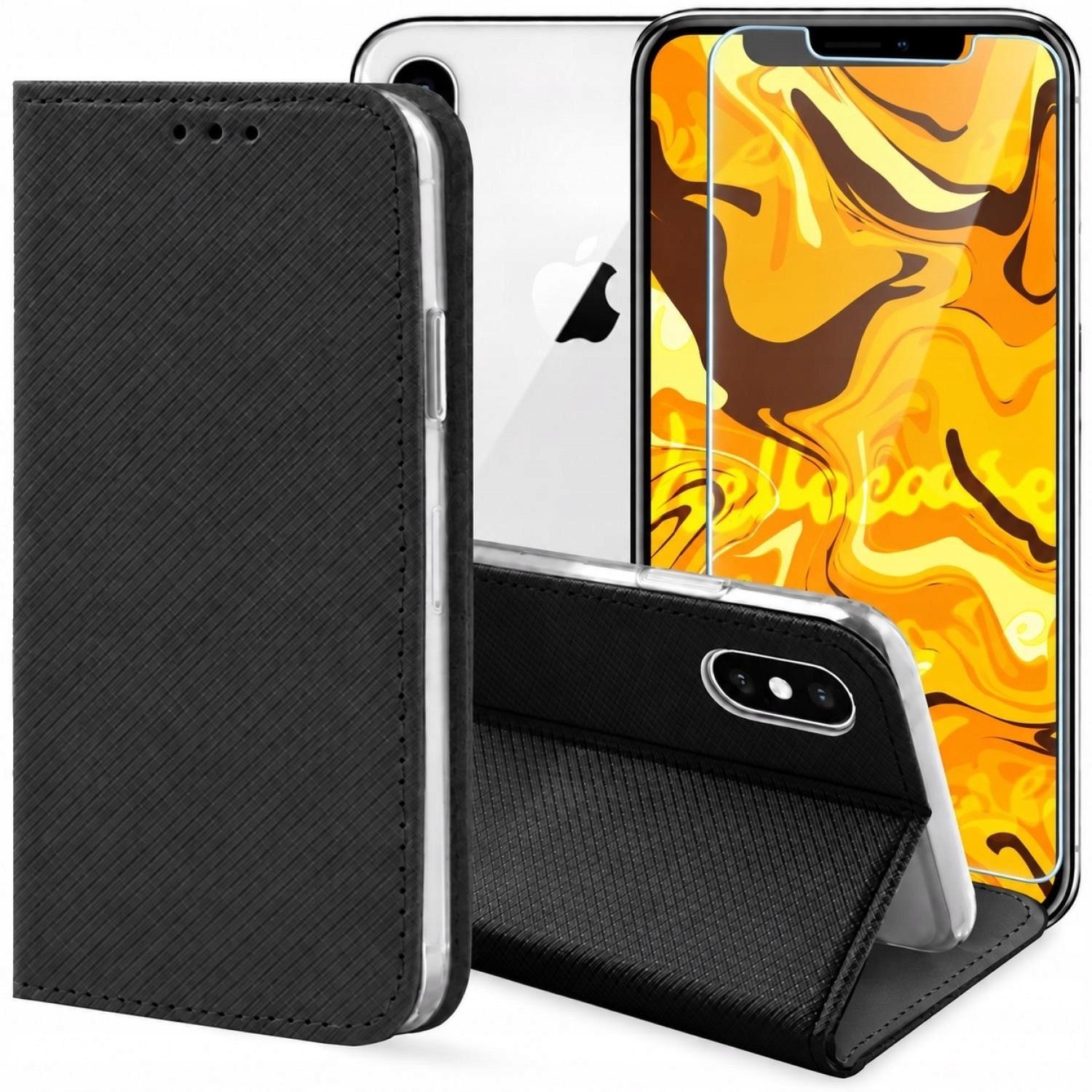 Hello Case Etui z Klapką do Apple iPhone X / XS czarne, zamykane, kabura szkło BNDL0457