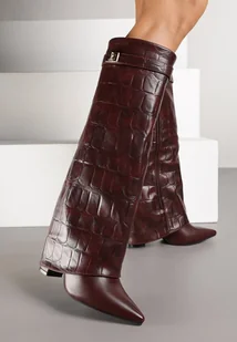 Bordowe Kozaki na Obcasie z Tłoczoną Wywiniętą Cholewką i Klamrą Latalina - Kozaki damskie - miniaturka - grafika 1