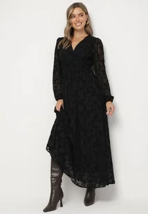 Czarna Sukienka Rozkloszowana z Prześwitującymi Wstawkami Ozdobiona Kwiatami Kalabia - Sukienki - miniaturka - grafika 1