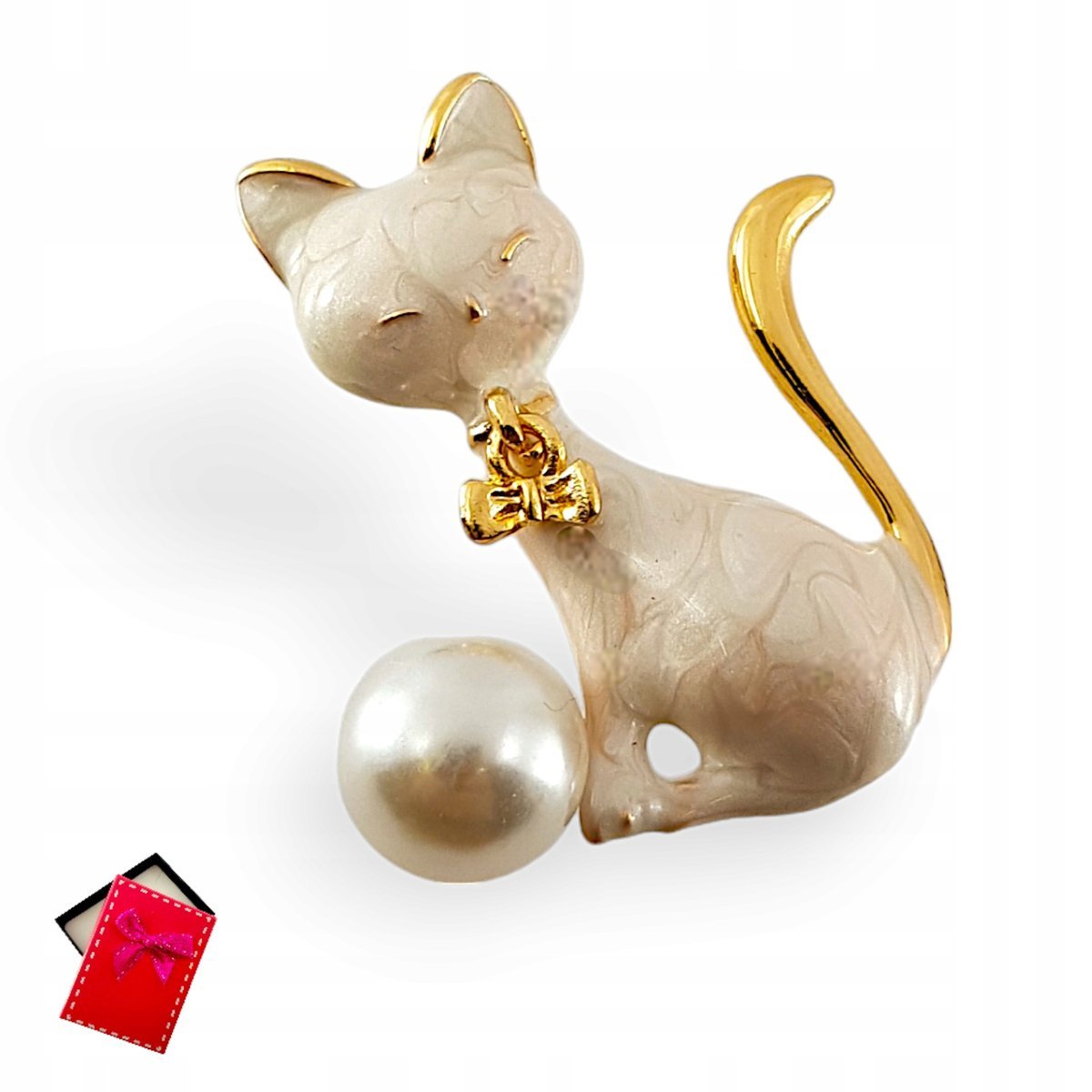 Broszka Biały Kotek Z Perłą Kulka