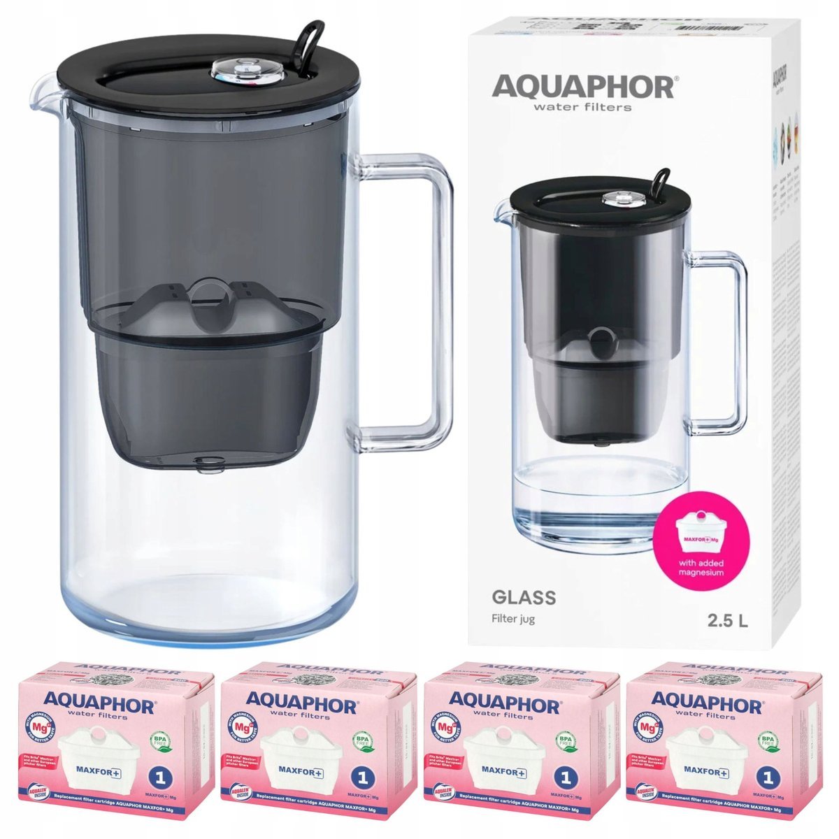 Dzbanek filtrujący szklany Aquaphor Glass, czarny + 4 filtry Maxfor+ Mg