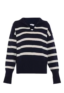 Swetry damskie - Blonda Damski sweter w paski z klapą akrylową granatową wełnę rozmiar XL/XXL, Granatowa biel wełny, XL - grafika 1