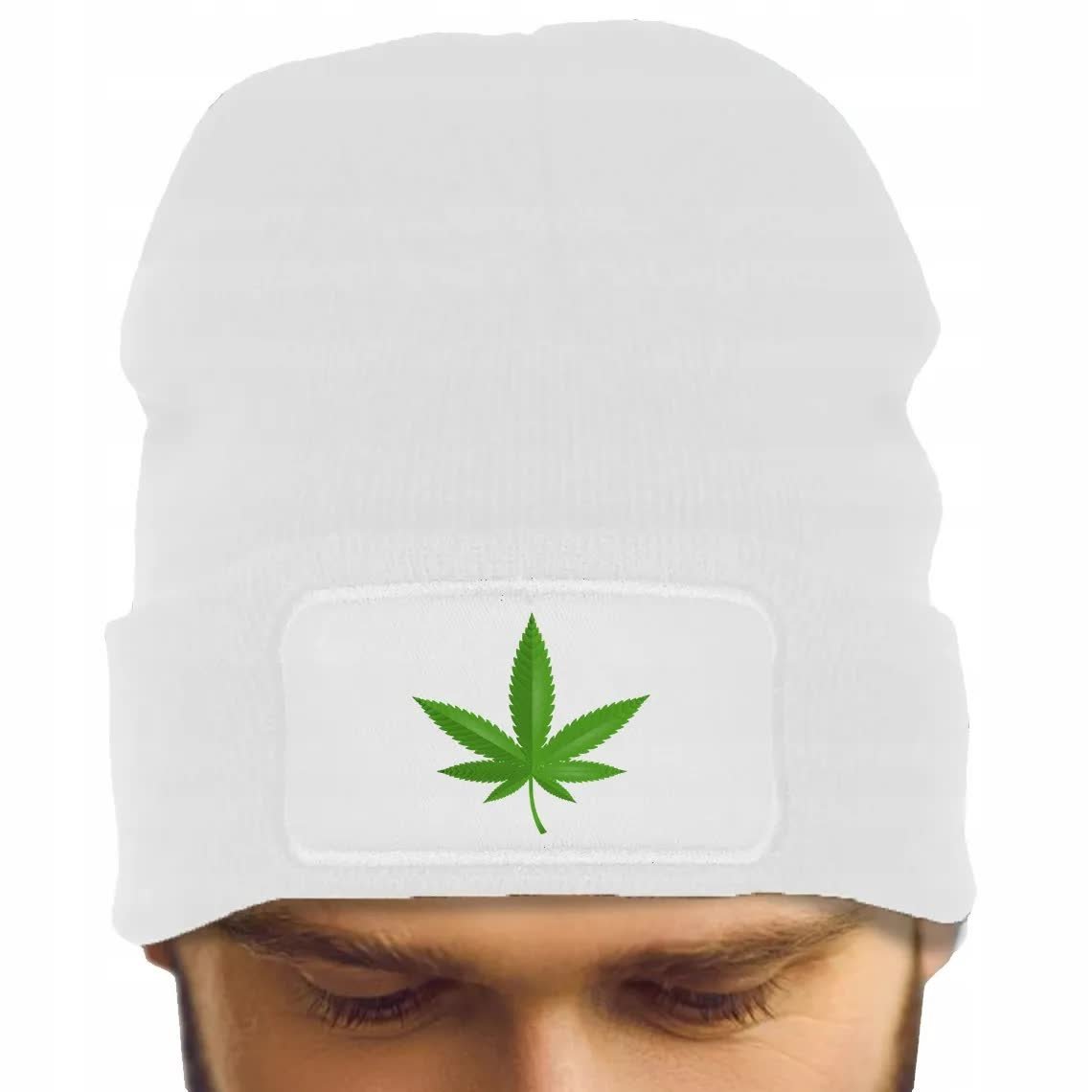 CZAPKA Jesienna BAWEŁNIANA ZIMOWA Ciepła BIAŁA BEANIE CANNABIS Zioło Weed