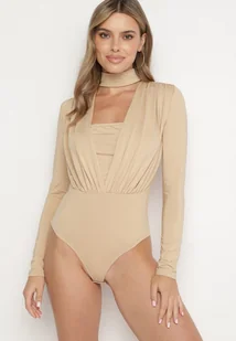 Ciemnobeżowe Body z Wiskozą Ozdobione Marszczeniem i Zakładką Lianatta - Body - miniaturka - grafika 1
