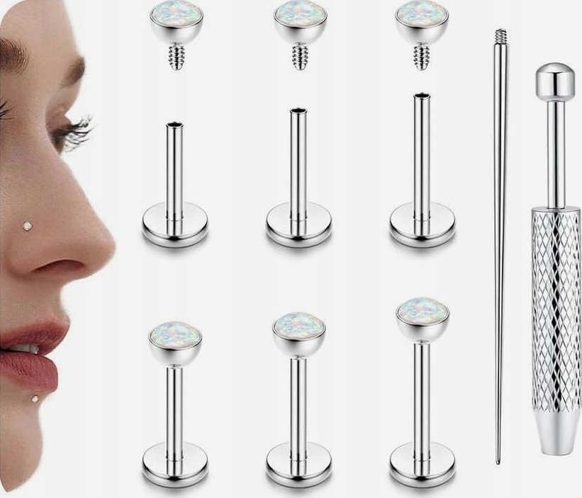 KOLCZYKI TYTANOWE ZESTAW 7 SZTUK 6MM SREBRNY OPAL WEWNĘTRZNY GWINT LABRET