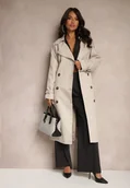 Płaszcze damskie - Jasnobeżowy Oversizowy Płaszcz Trencz o Dwurzędowym Kroju z Paskiem Darinella - miniaturka - grafika 1