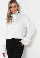 Koszule damskie - Biała Koszula z Satynowej Tkaniny ze Stójką i Falbankami oraz Cyrkoniami Odello - miniaturka - grafika 1