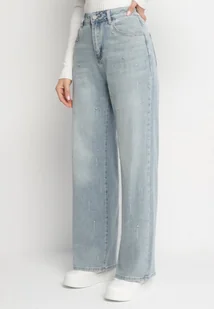 Niebieskie Jeansy z Bawełną o Szerokim Kroju z Cyrkoniami Eladrela - Spodnie damskie - miniaturka - grafika 1