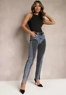 Spodnie damskie - Niebiesko-Czarne Skinny Jeansy High Waist z Długimi Nogawkami i Materiałowymi Wstawkami Miriana - miniaturka - grafika 1