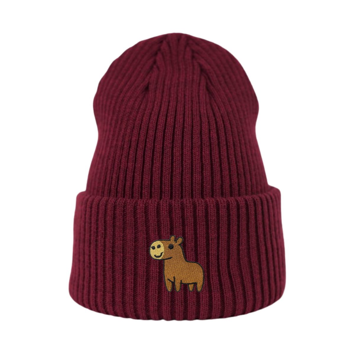 Haftowana czapka beanie - KAPIBARA - bordowa
