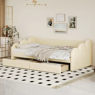 Łóżko tapicerowane Flieks sofa rozkładana 90x200cm z 2 szufladami, łóżko pojedyncze rozkładane sofa rozkładana ze stelażem listwowym, łóżko dziecięce łóżko młodzieżowe, PU, beżowe - Sofy i kanapy - miniaturka - grafika 1
