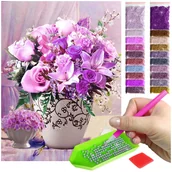 Malowanie po numerach - Haft Diamentowy ARTULIO, Obraz DIY 5D, Diamond Painting, Mozaika diamentowa 30x40cm (Kwiatowa kompozycja w odcieniach fioletu) + zestaw akcesoriów - miniaturka - grafika 1
