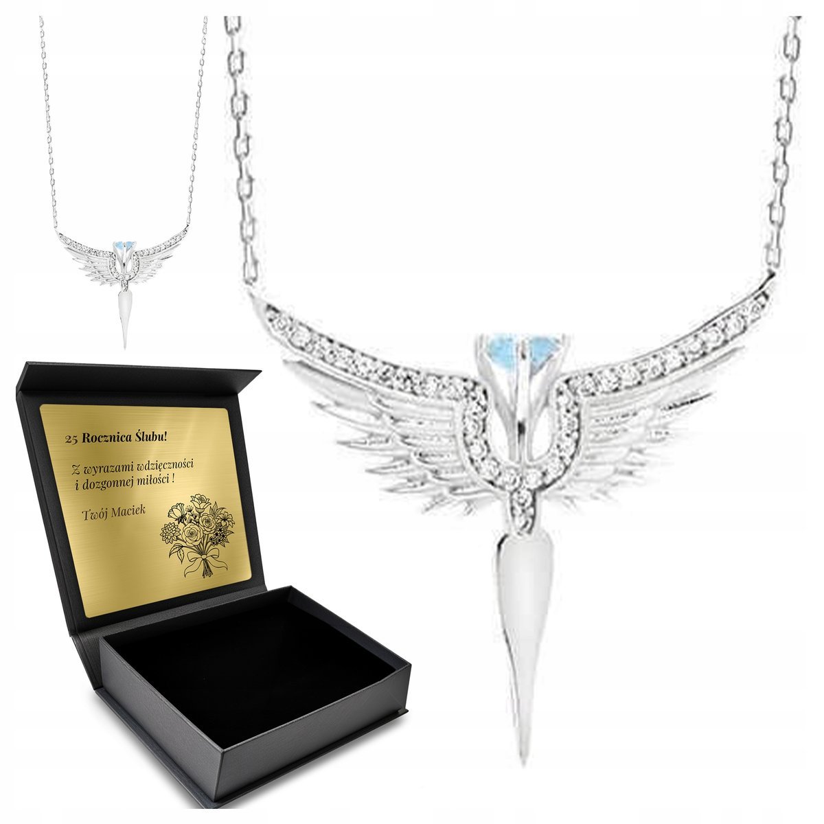 Łańcuszek Naszyjnik Srebrny Z Cyrkoniami Anioł Ze Skrzydłami Grawer