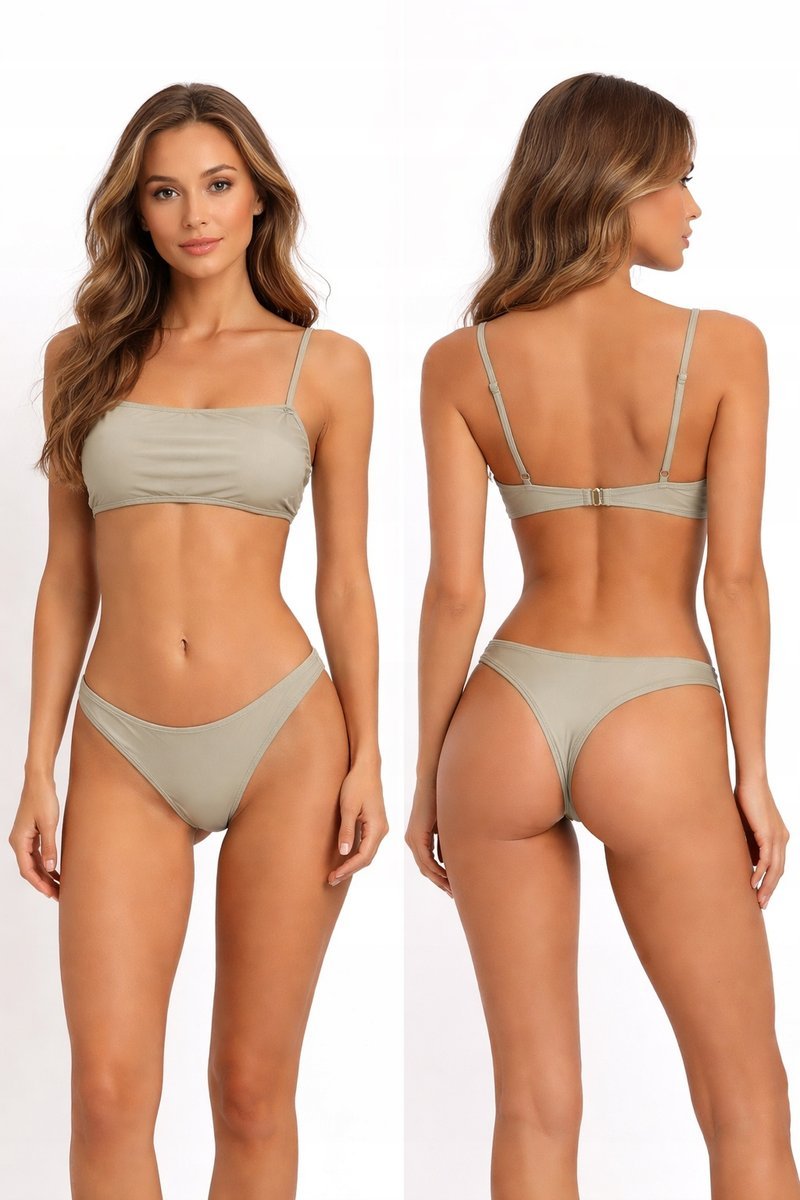DAMSKI STRÓJ KĄPIELOWY BIKINI KHAKI MINIMALISTYCZNY GŁADKI 2-CZĘŚCIOWY