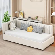 Sofy i kanapy - Merax łóżko dzienne 90x200cm sofa rozkładana z listwami, aksamitne łóżko tapicerowane łóżko dziecięce łóżko dzienne sofa rozkładana z podłokietnikami, beżowy - miniaturka - grafika 1